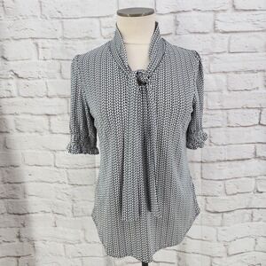 Adrianna Papell Career Top Neck Tie Puff Sleeve Professional Twee 2010s Small